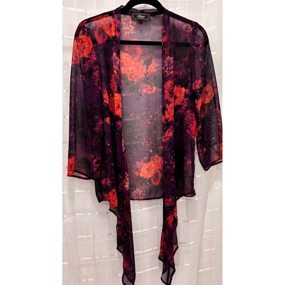 Status by Chenault Womens Purple Orange Floral Sheer Mesh Tie Front Kimono Small